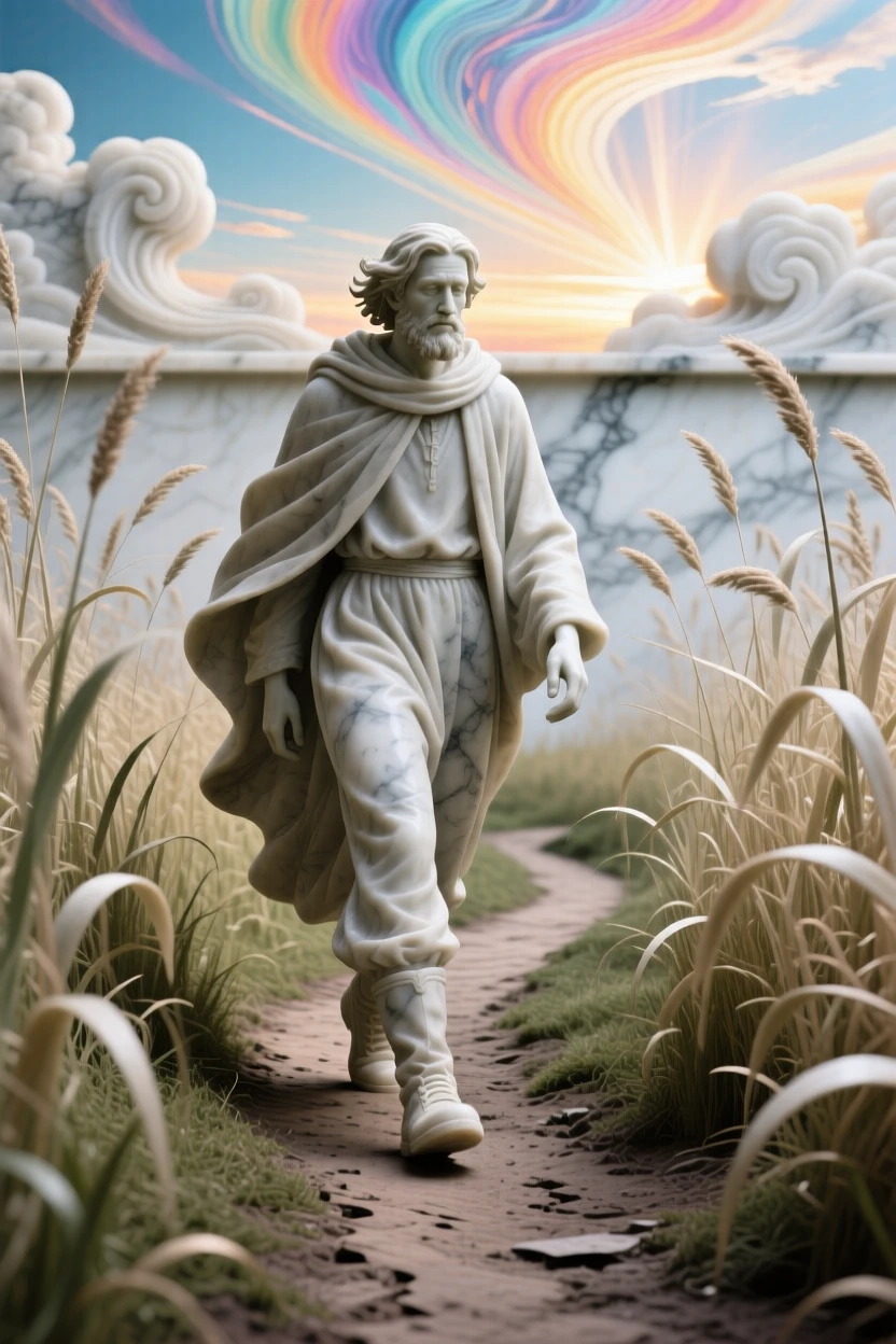 An evocative depiction of a lone wanderer walking a path through tall grass, under a brilliant, colorful sky, balancing detail with emotional depth