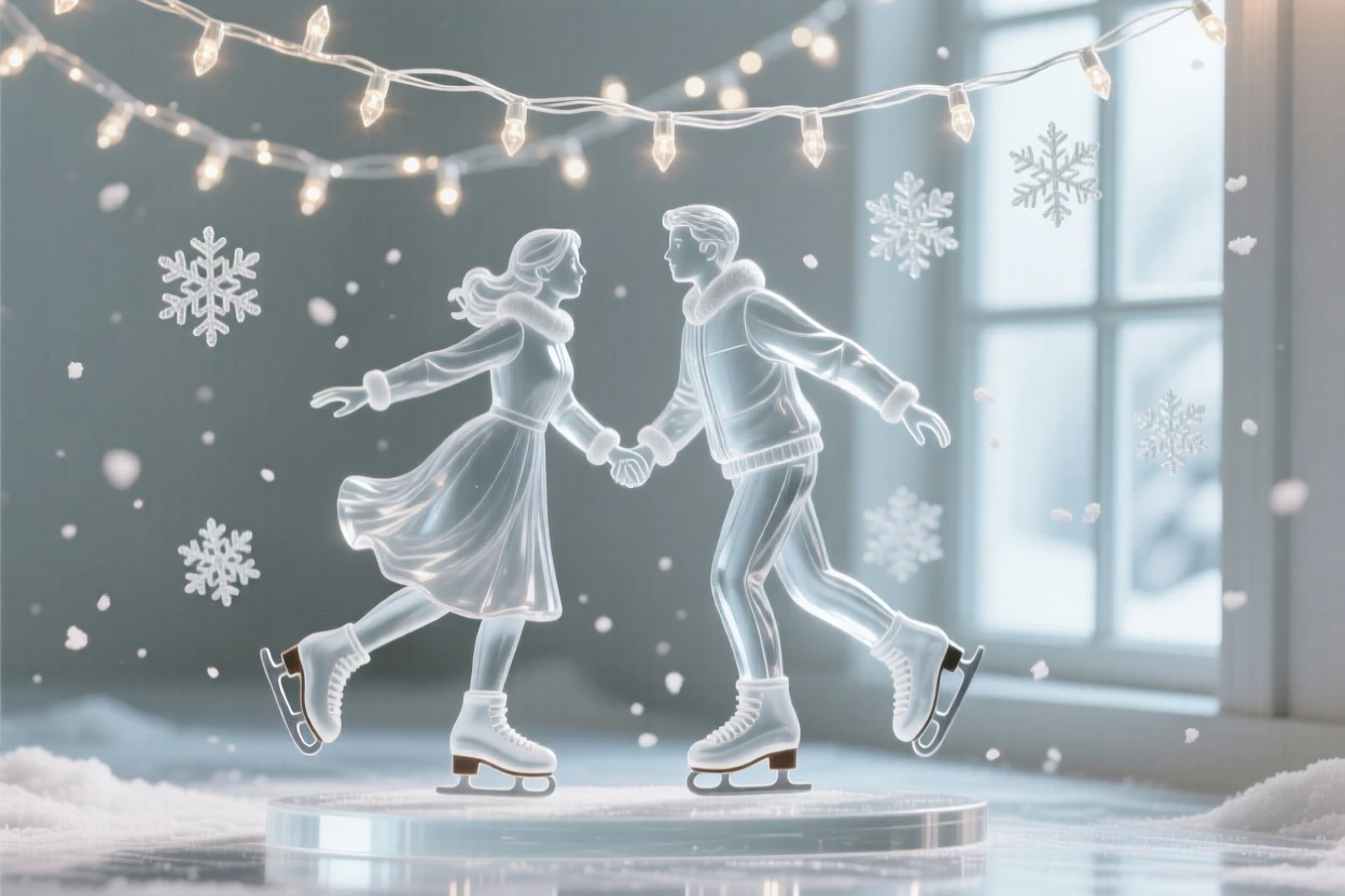 Beneath strings of twinkling holiday lights, a couple ice skating together beneath falling snow, while snowflakes drift slowly past the window