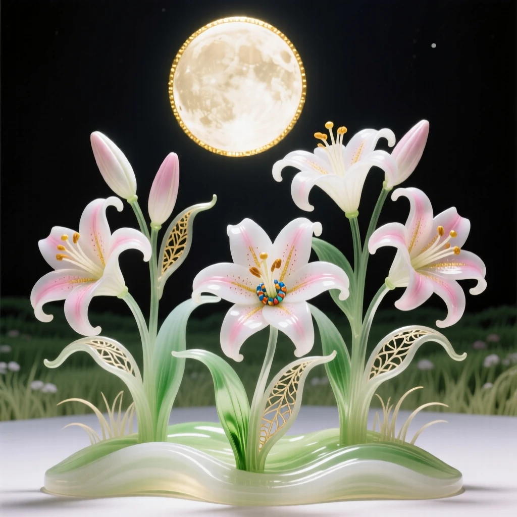 A field of blooming lilies glowing softly beneath a full moon, serene and pure.