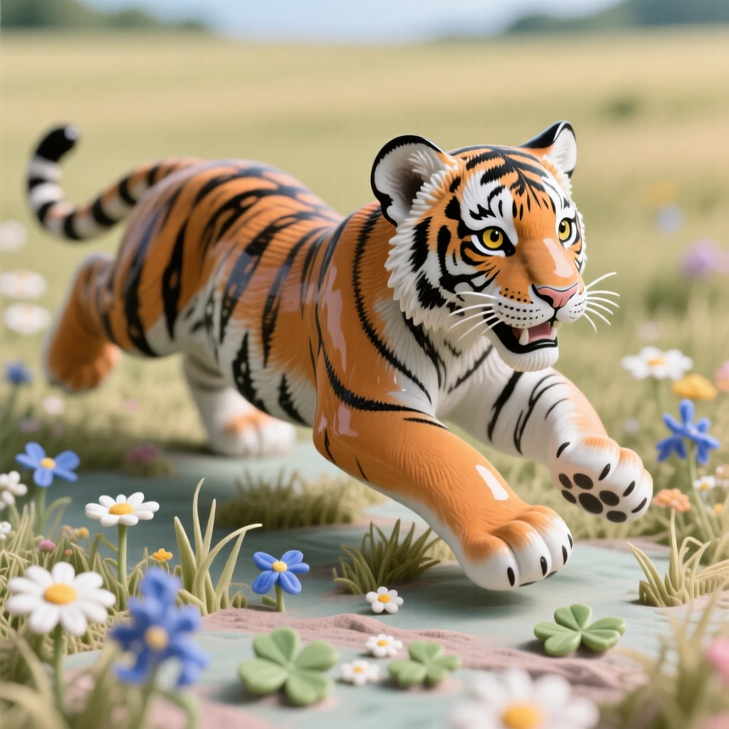 A tiger cub pouncing captured mid-stride across an open field, surrounded by wildflowers in soft bloom, conveying calm strength and quiet pride.