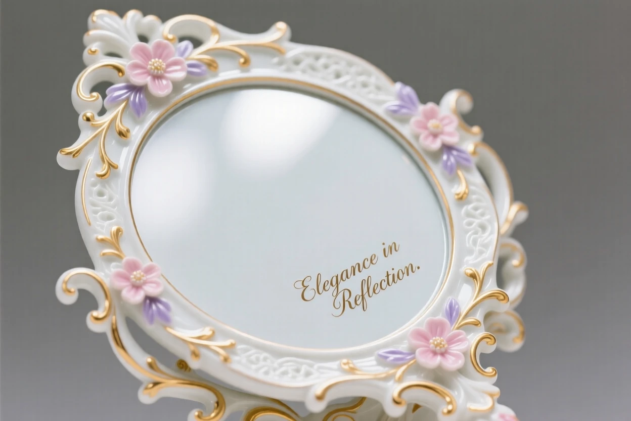 An elegant ornate hand mirror with a gilded frame, catching glints of light from every angle.