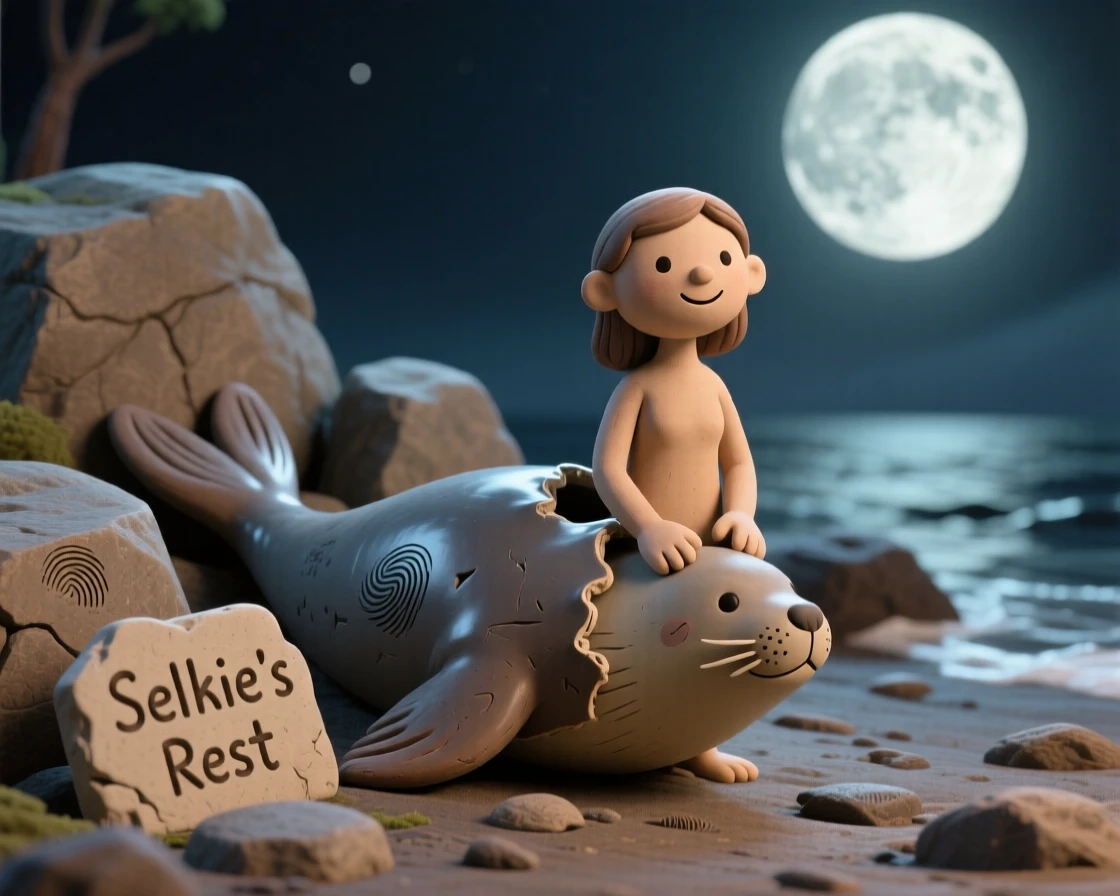 A selkie shedding her seal skin on a moonlit rocky shore