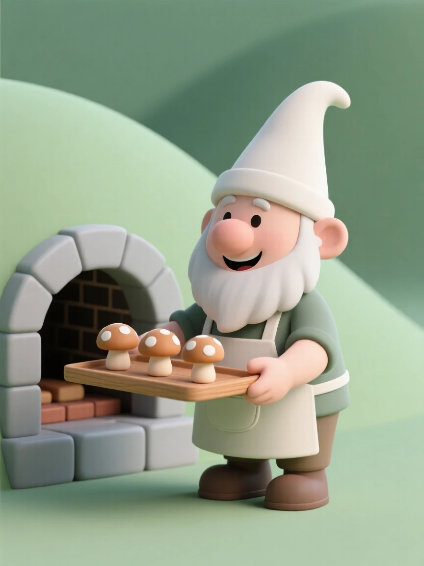 A cheerful gnome baker pulls tiny mushroom-shaped loaves from a stone oven built into a hillside.
