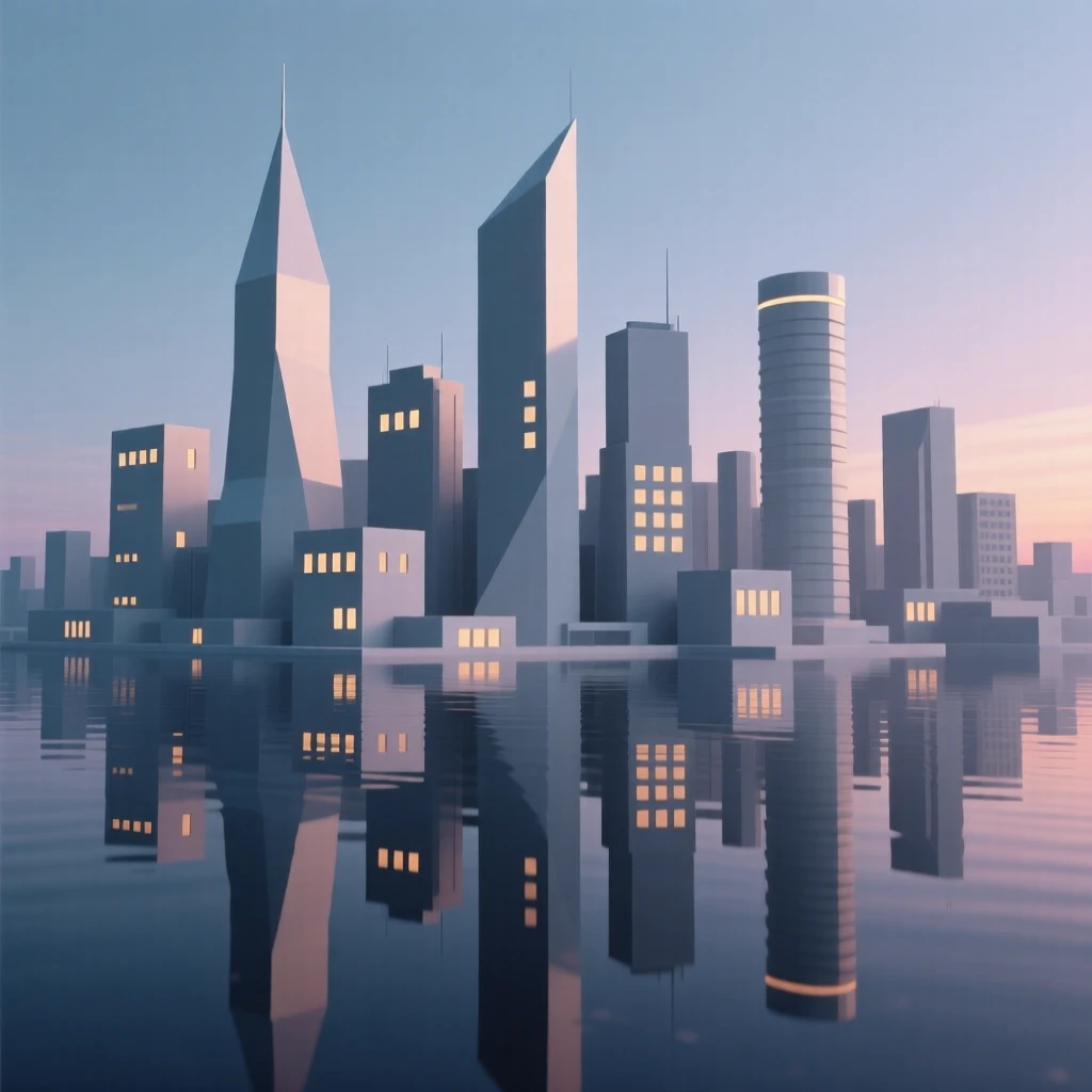 A futuristic skyline glowing at twilight, reflected perfectly in calm water. warm window lights add a cozy glow to the scene. The mood feels romantic and picturesque.