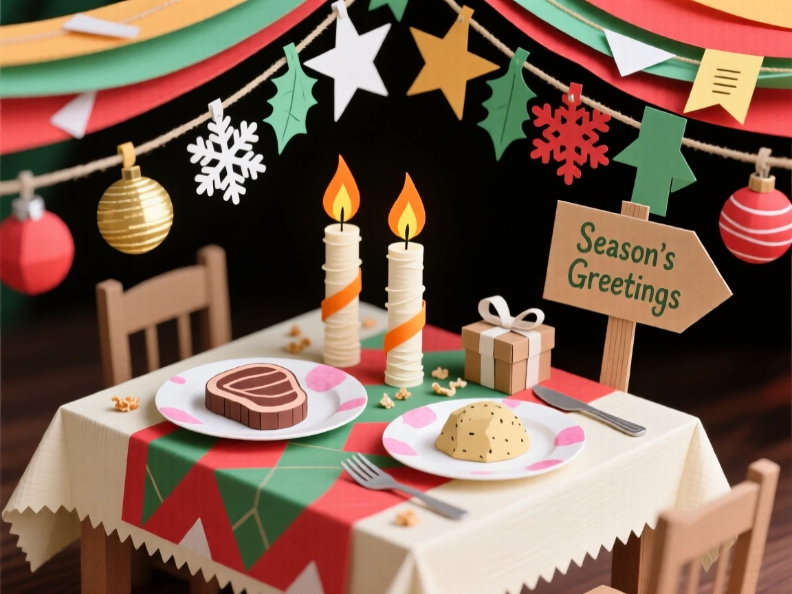 A romantic candlelit holiday dinner set beneath a canopy of colorful decorations, with the scent of seasonal treats filling the air, evoking nostalgic seasonal magic.