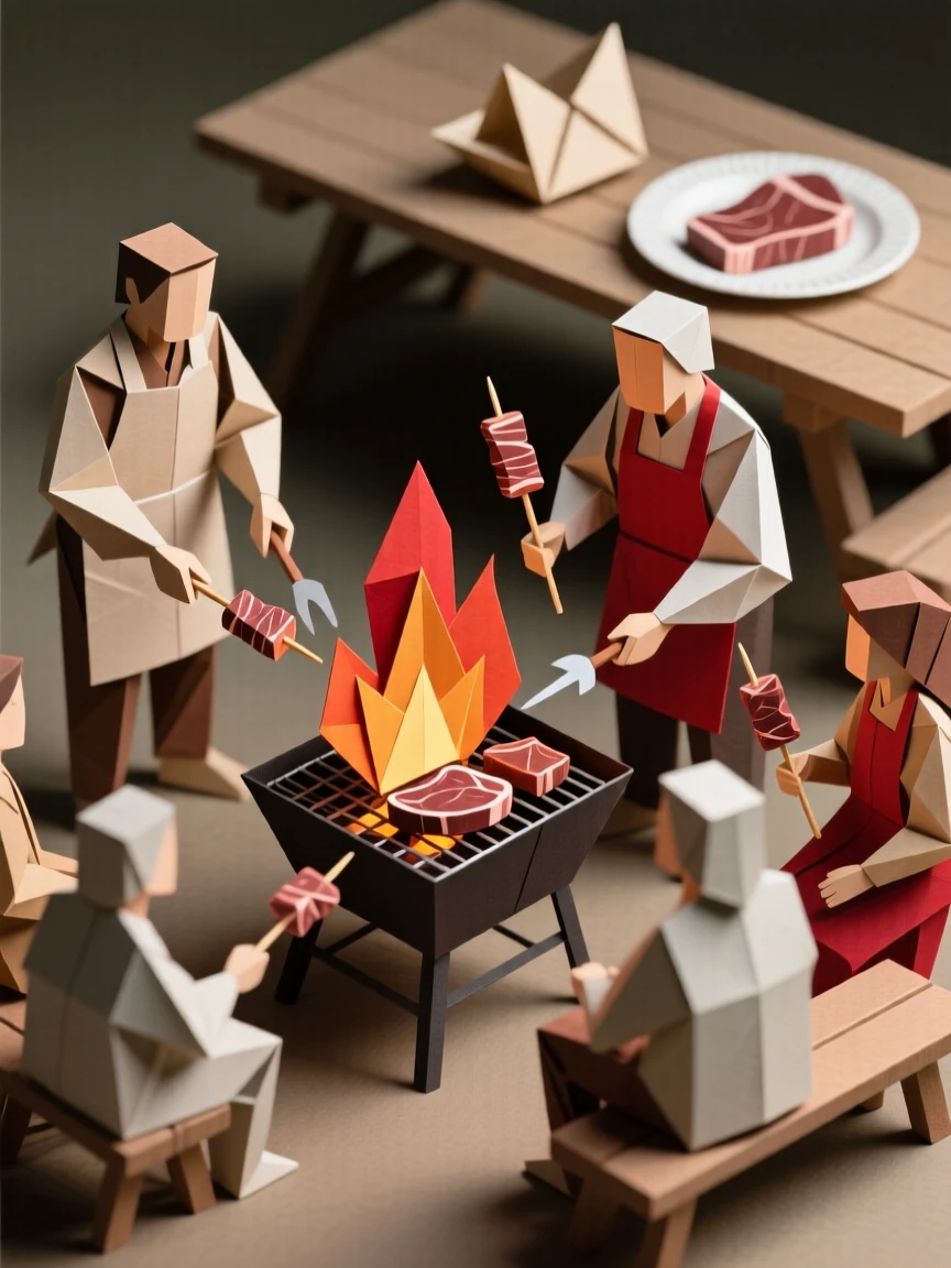 A Argentinian asado family gathering scene with meat grilling over an open flame.