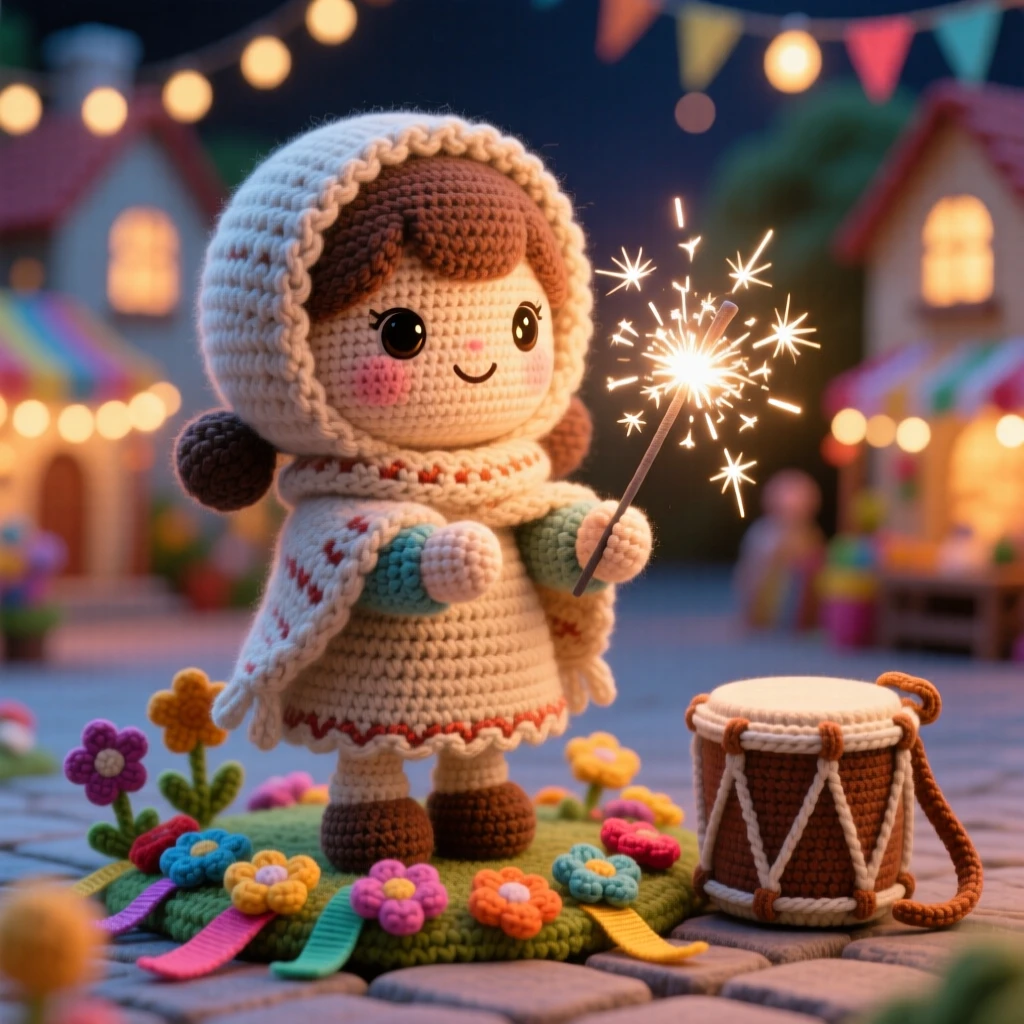 a little girl holding sparklers during a festival of lights, wrapped in a warm shawl, watching the glow reflect in her eyes, at a village square decorated with flowers and ribbons, with a small drum resting nearby, radiating warm cultural pride and festive belonging.