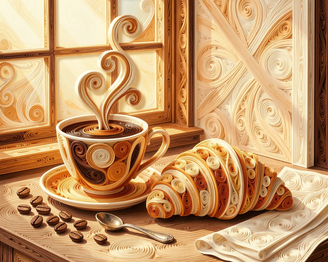 A cozy still life of a steaming cup of coffee beside a flaky croissant beside a sunlit kitchen window, in warm, appetizing tones of amber and cream, arranged with complementary props scattered around.