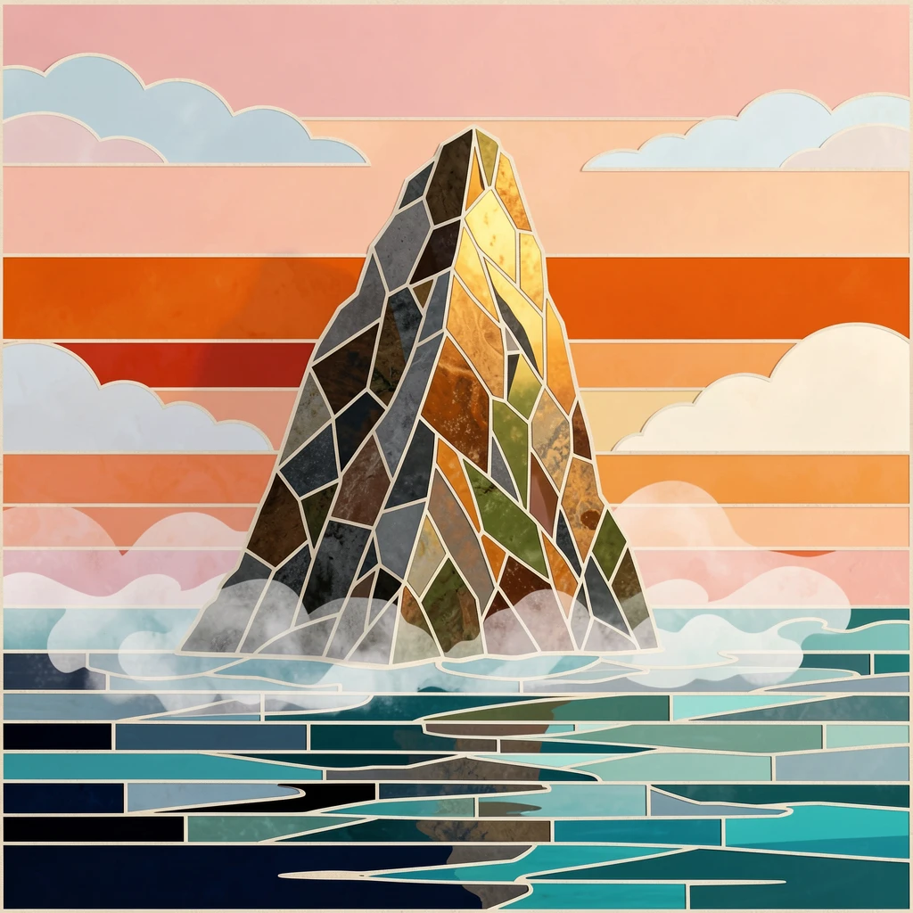 A dramatic sea stack rising from misty ocean waters at sunrise.
