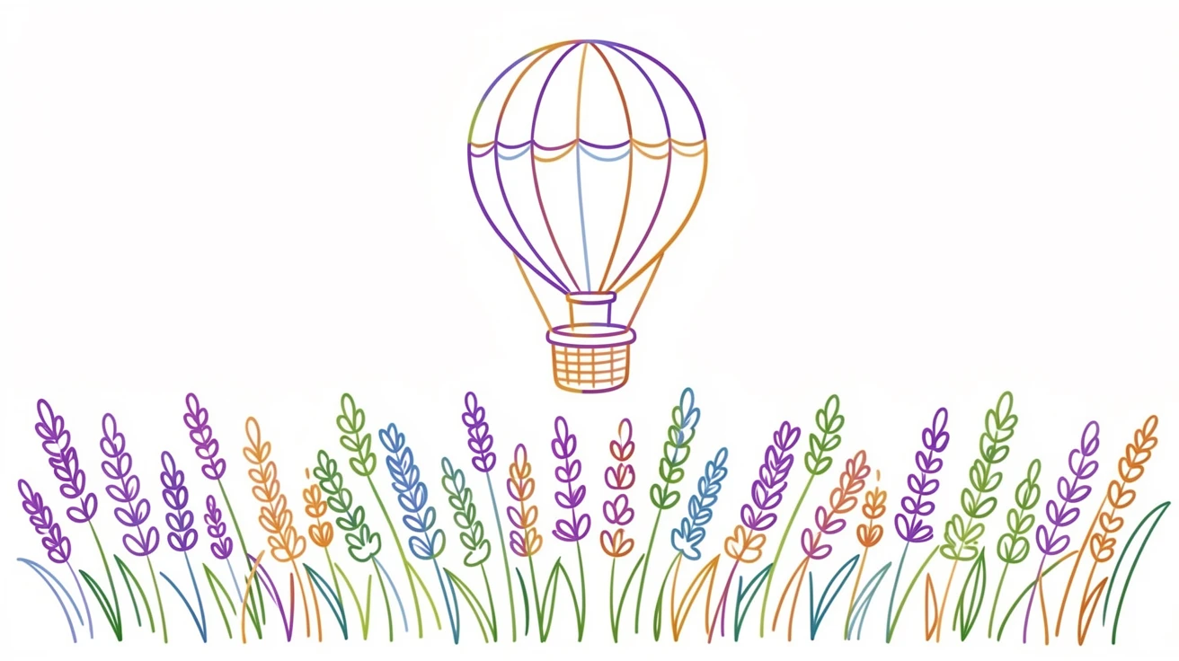 A single hot air balloon floating gently above a lavender field.