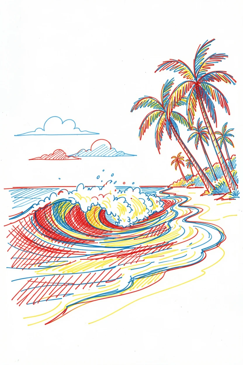 A tropical storm surging waves against a palm-lined shoreline