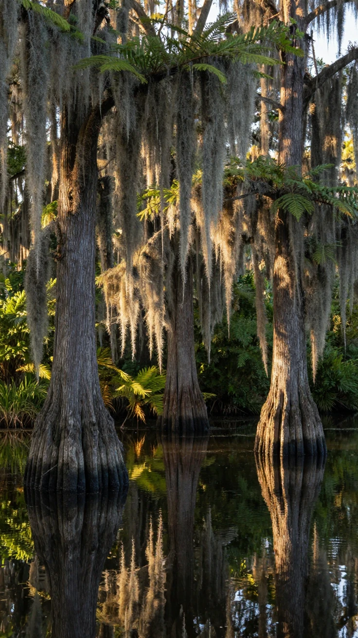 A Louisiana bayou with cypress trees draped in Spanish moss