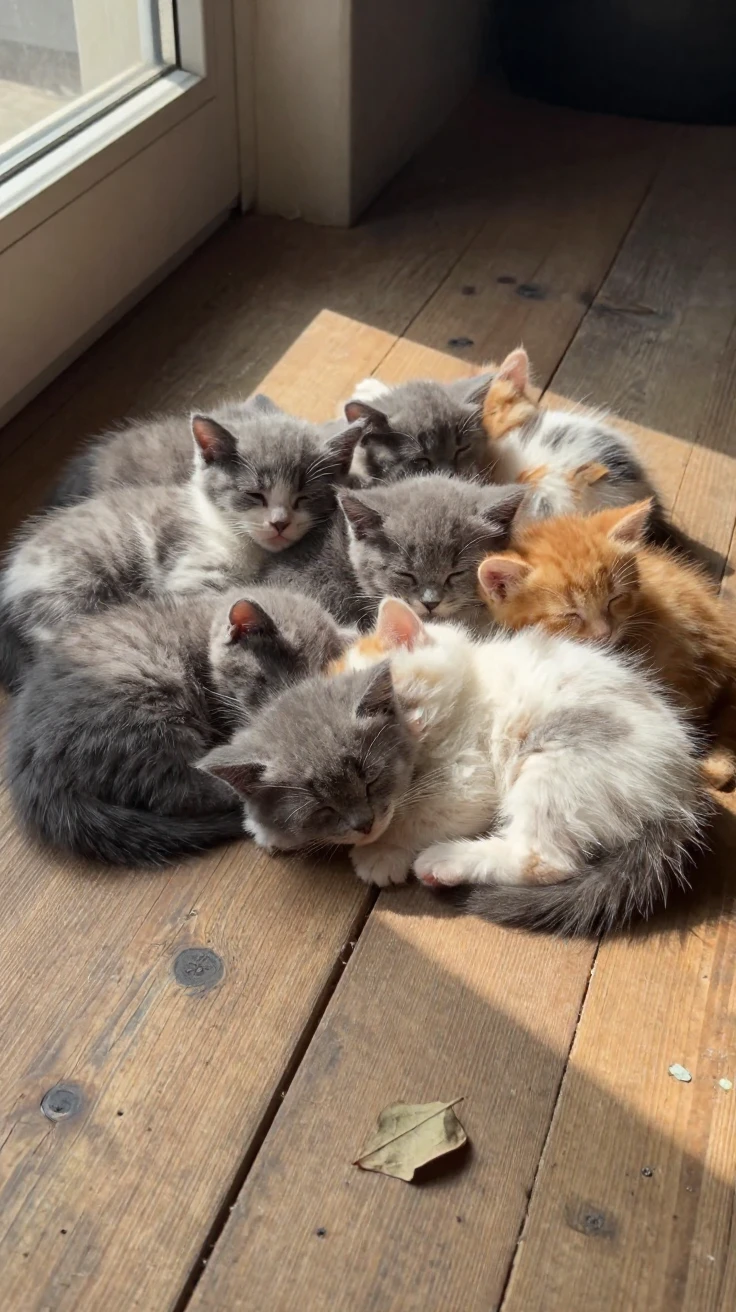 A litter of kittens sleeps piled together in a sunny patch on a wooden floor.