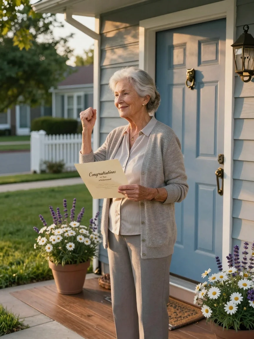 A retired teacher celebrating a small but meaningful victory on a quiet neighborhood doorstep