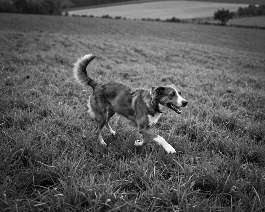 A family dog chases its tail in delighted circles across a rolling green pasture.