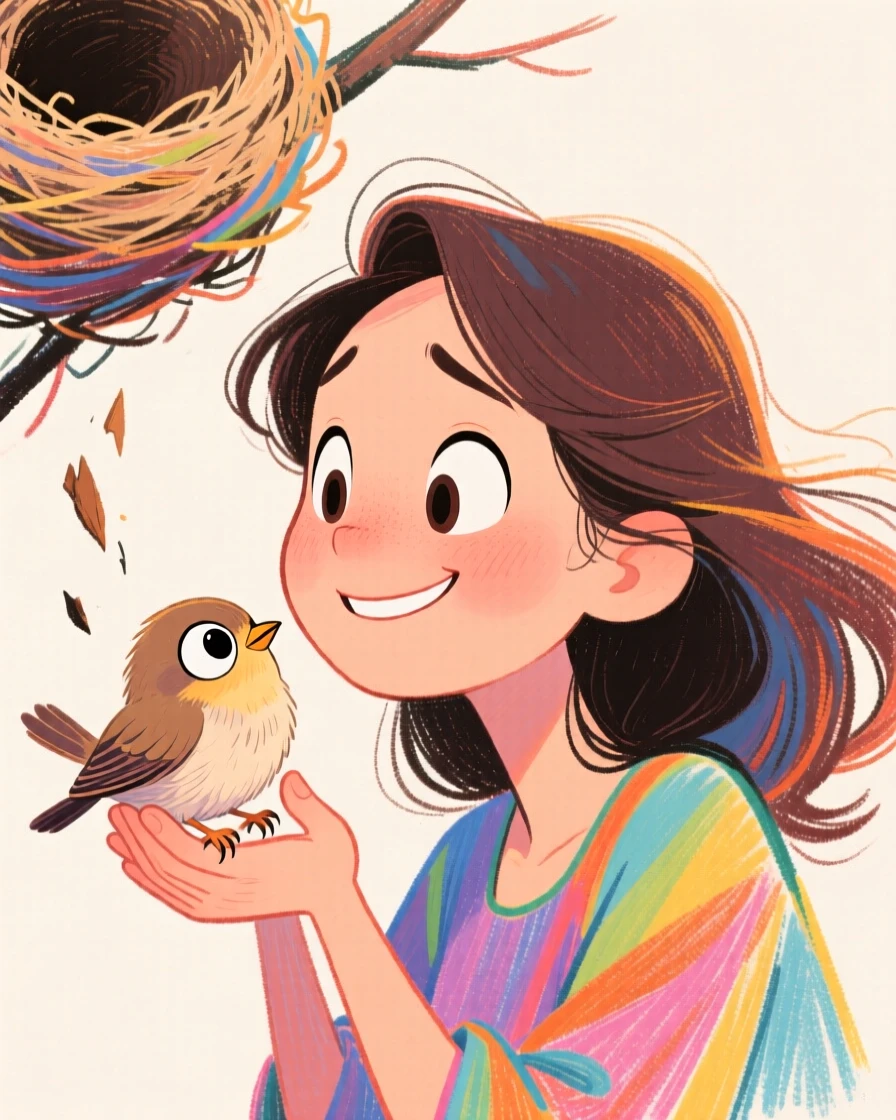 A woman rescuing a baby bird that fell from its nest, cradling it gently.