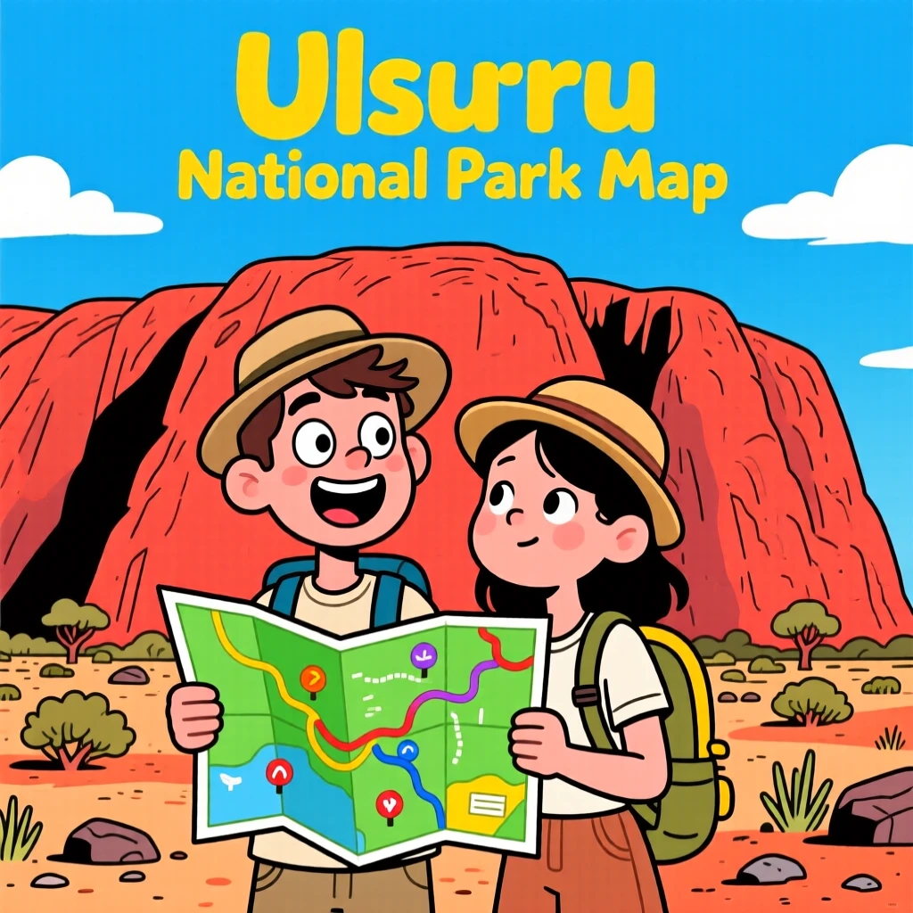 An iconic travel scene featuring a young couple standing before the towering red rock of Uluru, with a map slightly askew in hand.