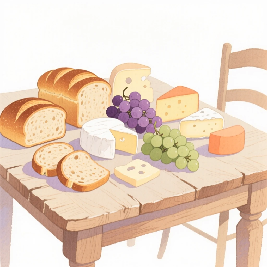 A cozy, appetizing, elegant and intimate scene of a rustic table spread with fresh bread, cheese, and grapes