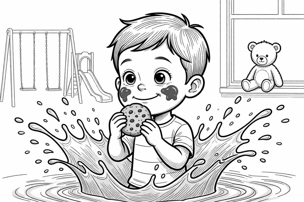 A kid sneaking a cookie with chocolate on both cheeks, sending water splashing dramatically in every direction, set on a school playground at recess. A stuffed bear watches from a nearby windowsill. It feels like a cherished memory frozen in time.
