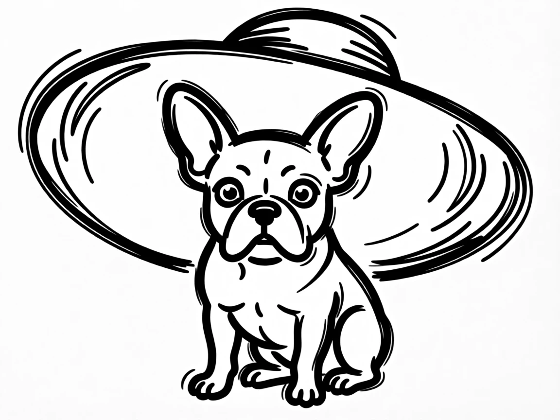 A French bulldog sitting inside a giant sunhat, only its eyes and ears peeking out.
