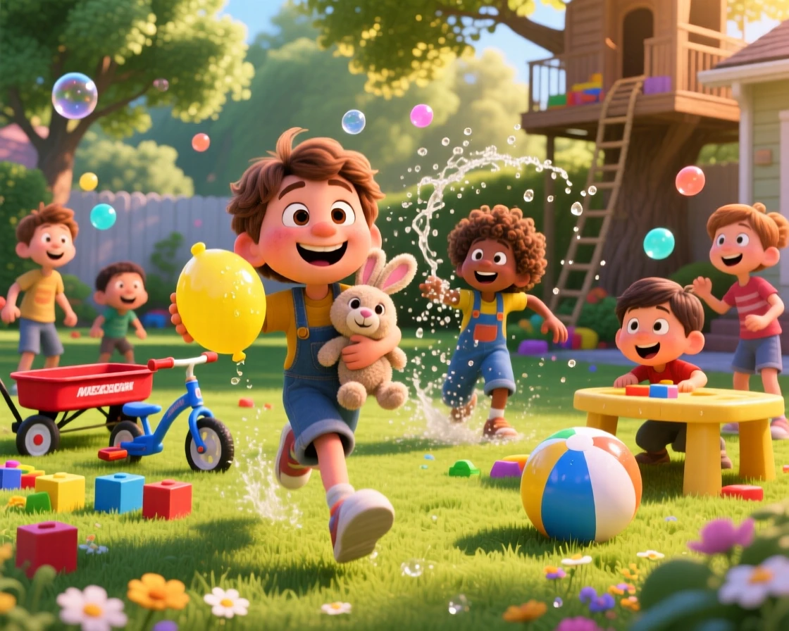 Kids having a water balloon fight in the backyard takes place in a sunny backyard scattered with toys, with a stuffed animal tucked under one arm. A carefree, adventurous energy fills the scene.