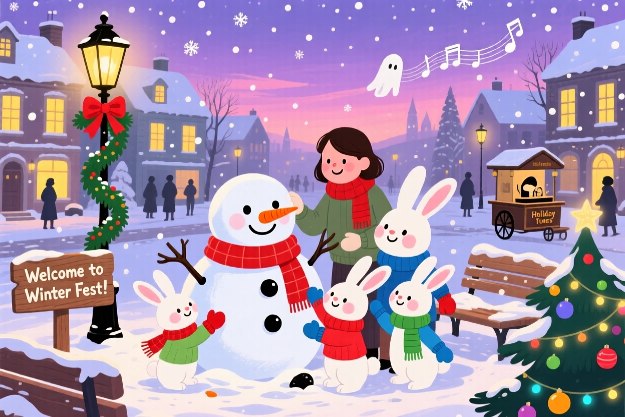 A family of snow rabbits spend the evening building a snowman complete with a carrot nose in a snow-covered town square, while soft carols play in the background.