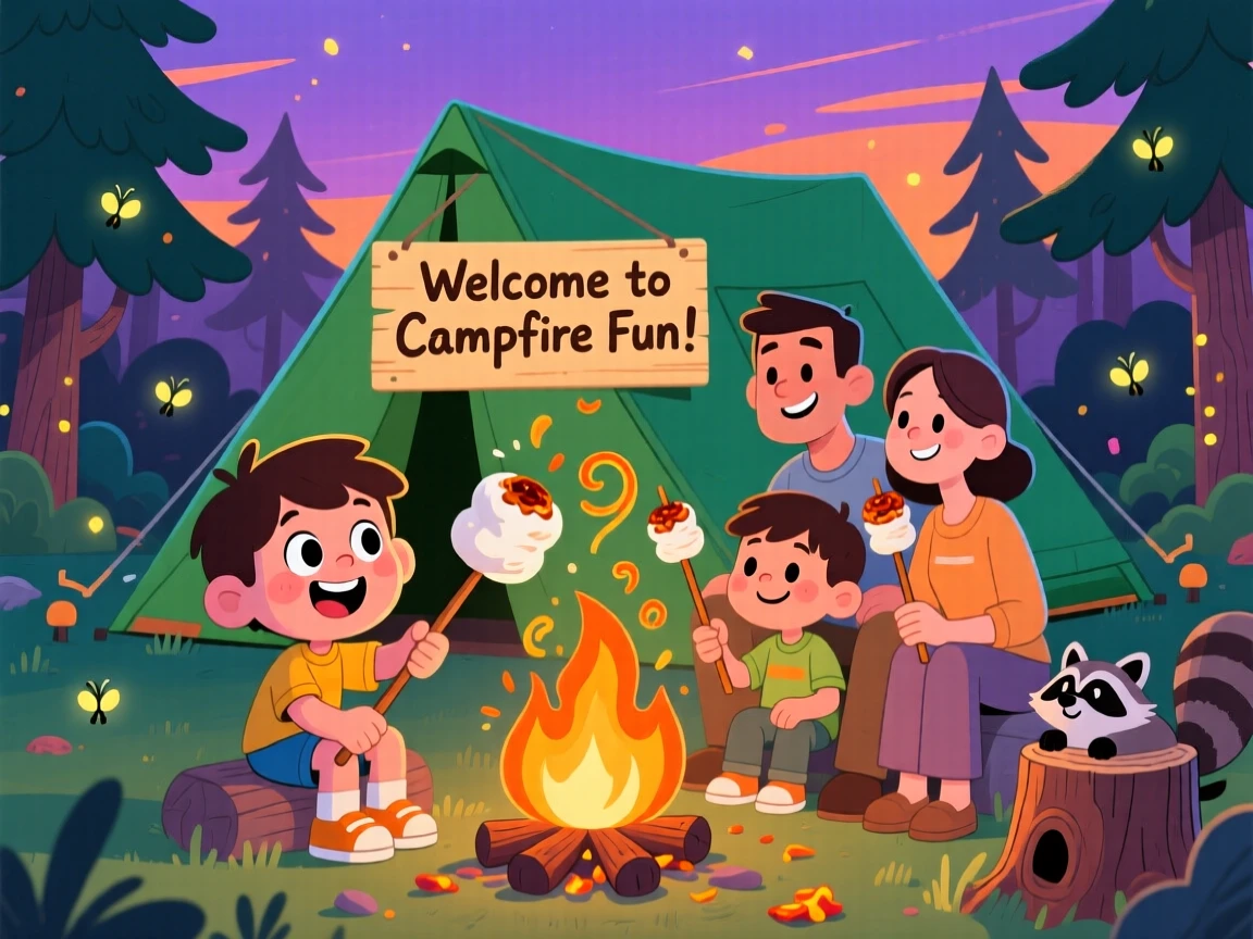 A child's first camping trip, roasting marshmallows with family.