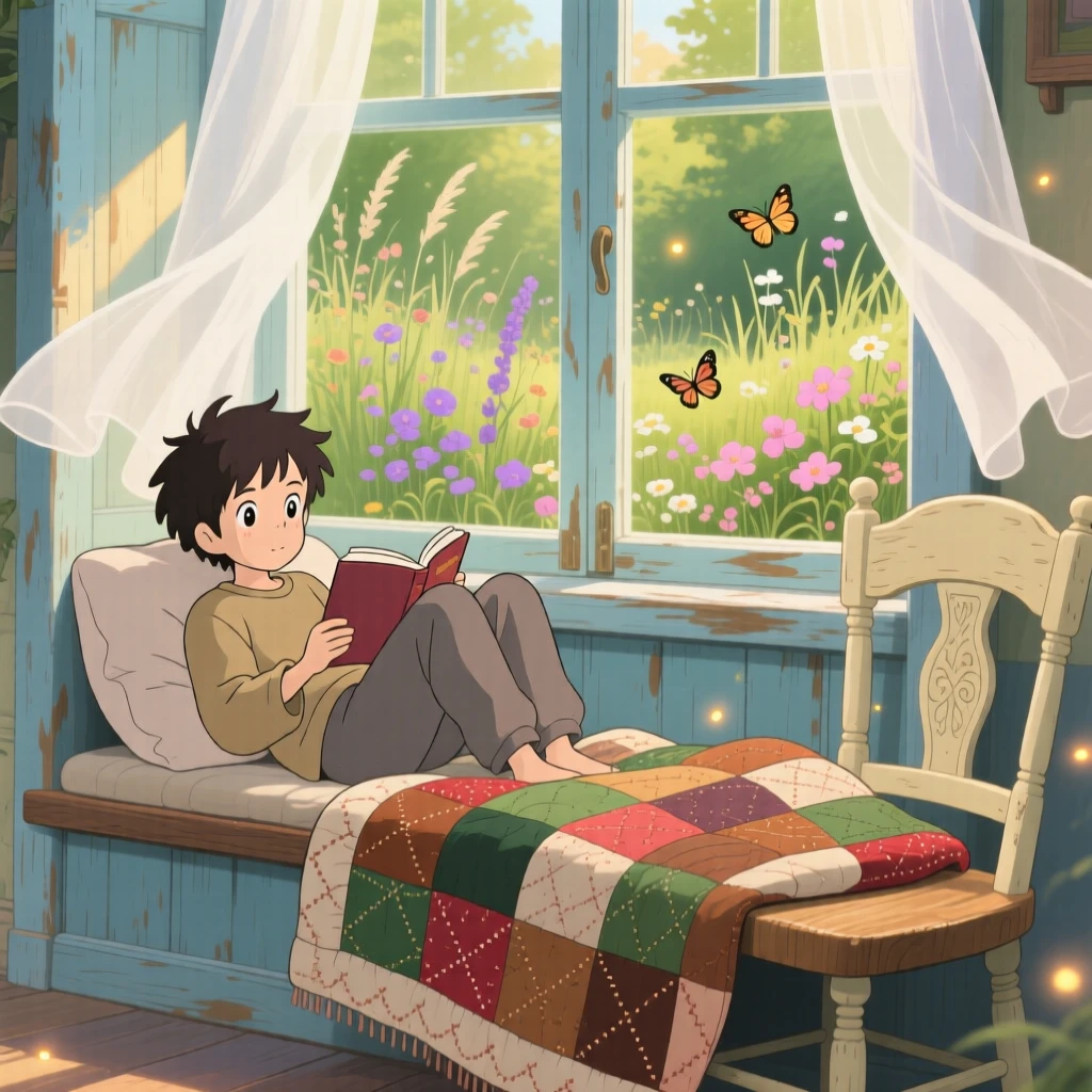 A young man reading a novel curled up on a window seat, a patchwork quilt draped over a nearby chair, the whole scene feeling quietly content.