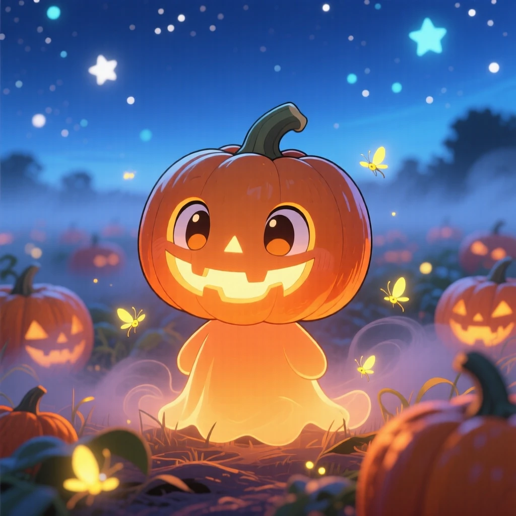 In a misty pumpkin patch, a smiling jack-o'-lantern spirit is lighting the way with a gentle glow as fireflies begin to glow at dusk, bathed in sparkling starlight, expression full of wide-eyed wonder. Shot as a close-up portrait.
