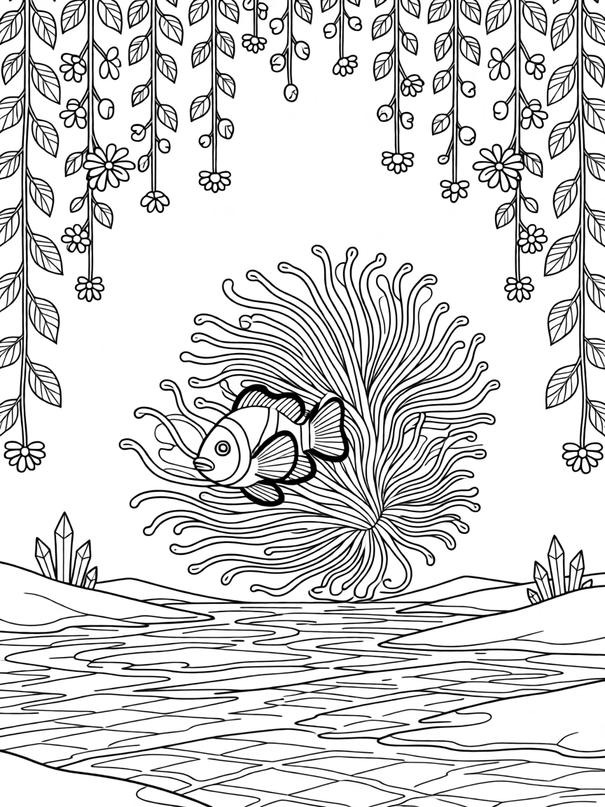 A clownfish among anemones crossing a frozen tundra, framed by hanging vines and wildflowers.