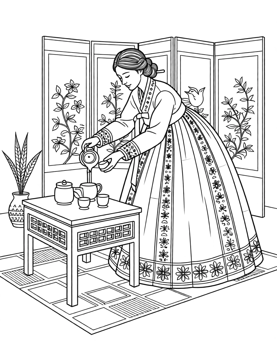 A traditional hanbok scene with a woman pouring tea.