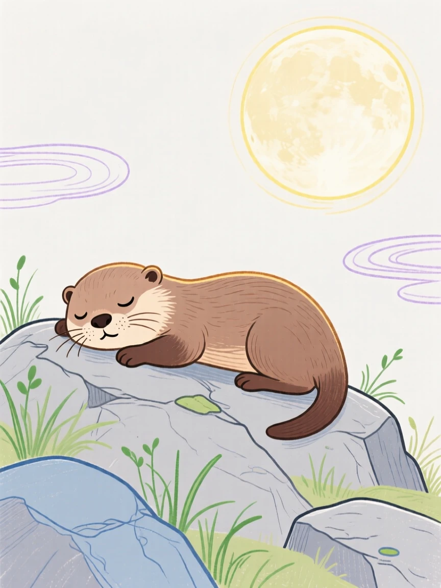 A baby otter napping on a rocky hillside under a full moon.