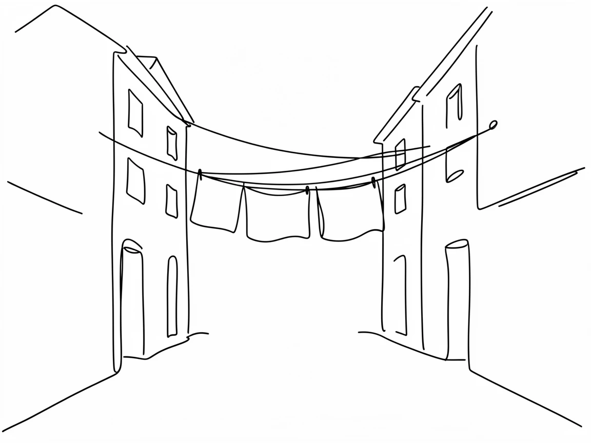 A quiet alley strung with laundry lines between old apartment buildings