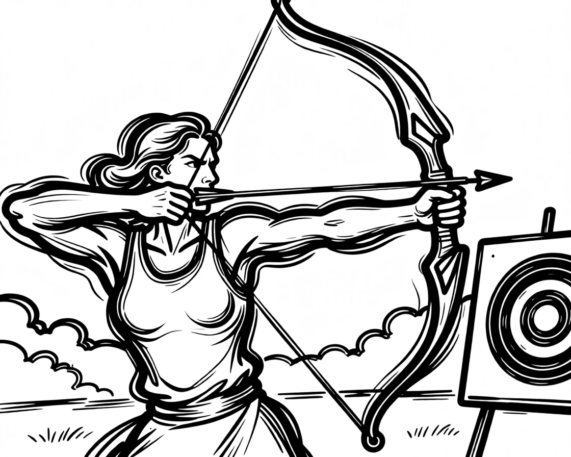 An archer drawing a bow with full focus at an outdoor range.