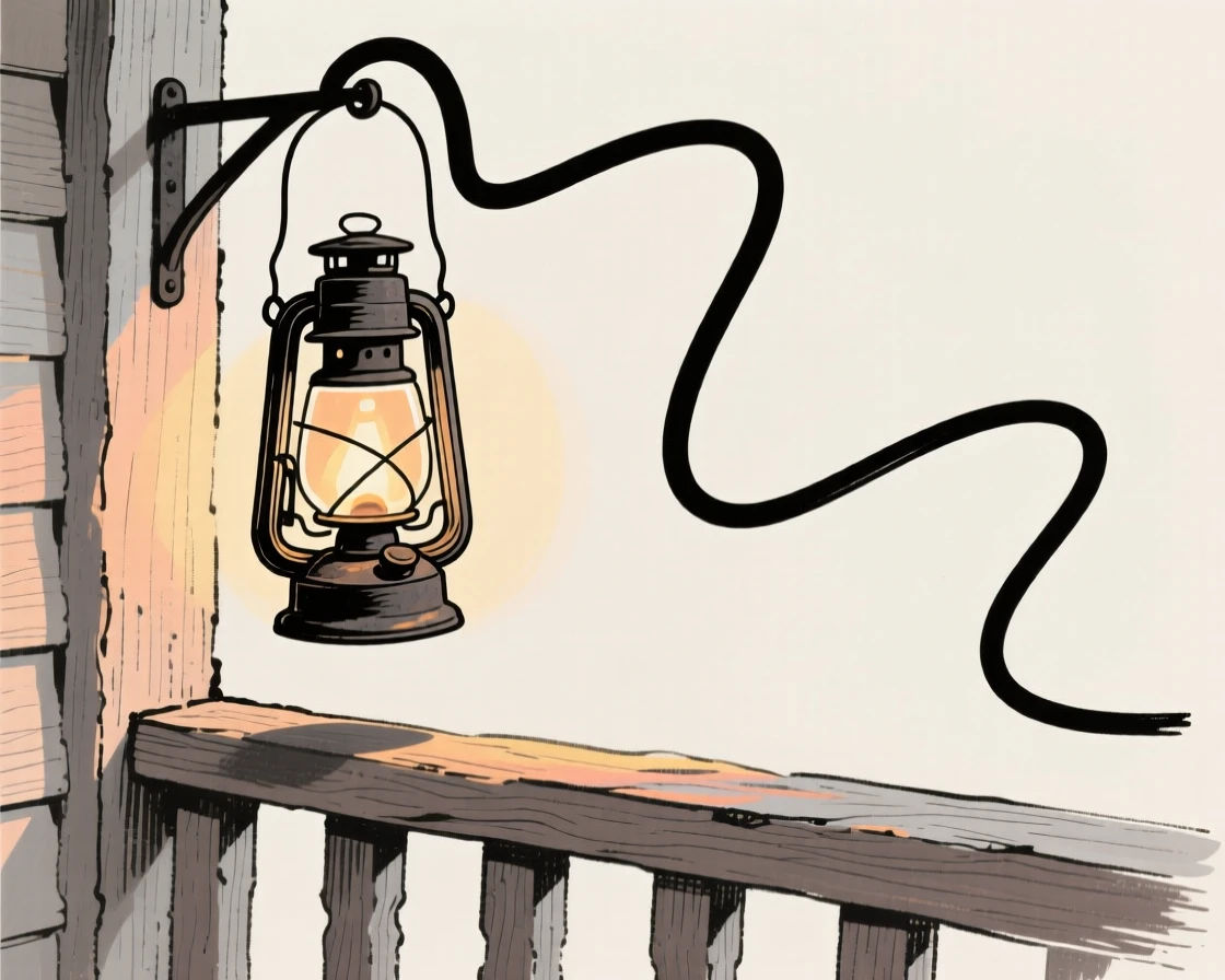 A rustic lantern glowing softly on a wooden porch railing.