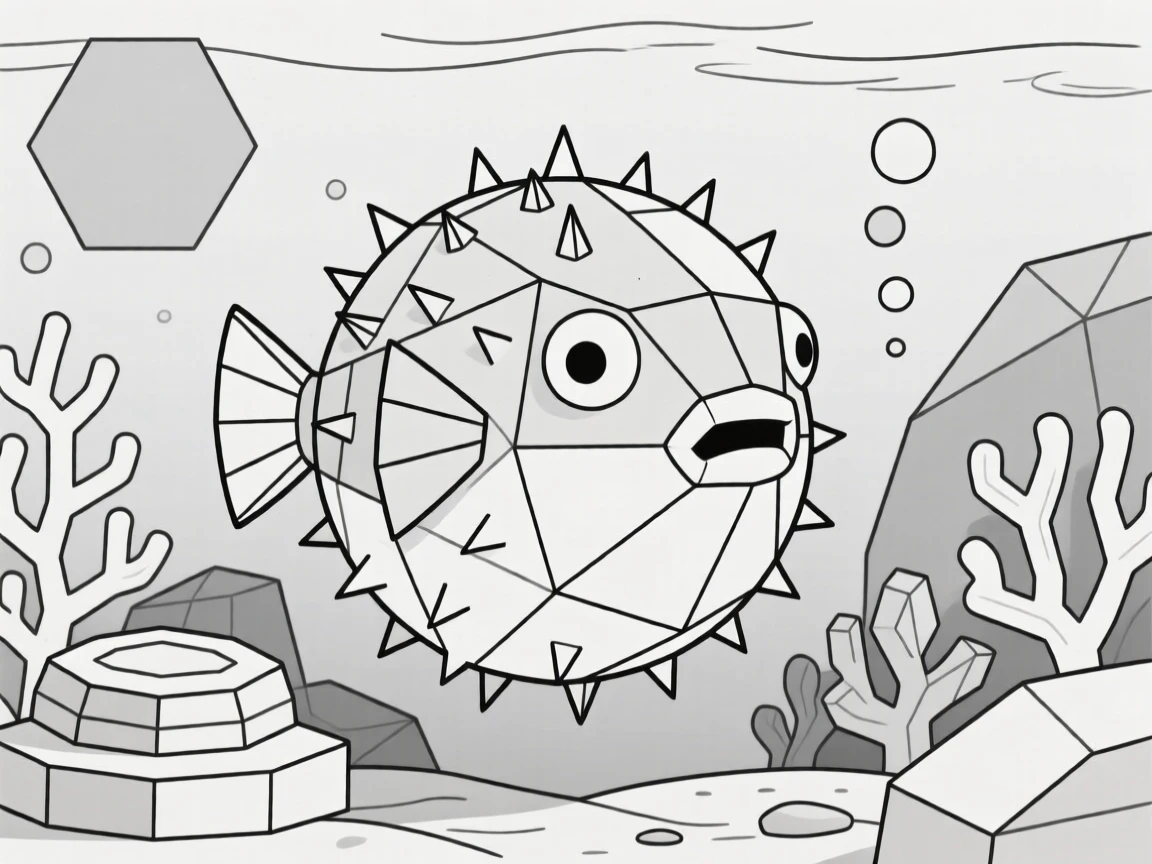 A pufferfish inflated among coral formations