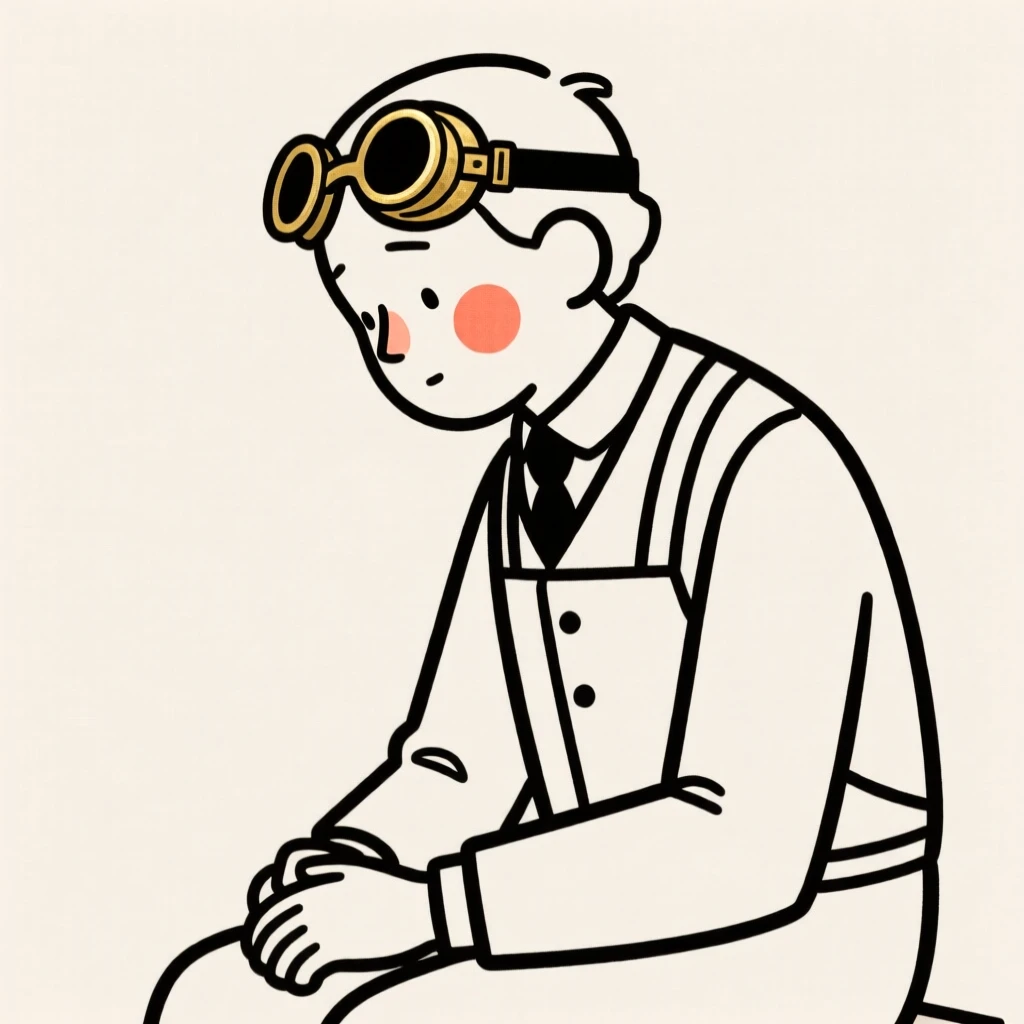 A steampunk inventor with brass goggles, lost in quiet contemplation.