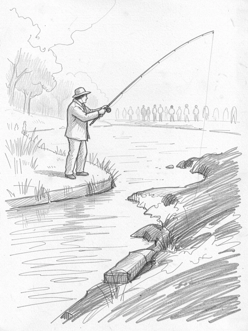 A fisherman casting a line into a calm river at dawn, beside a rushing river, with the crowd blurred in the background.