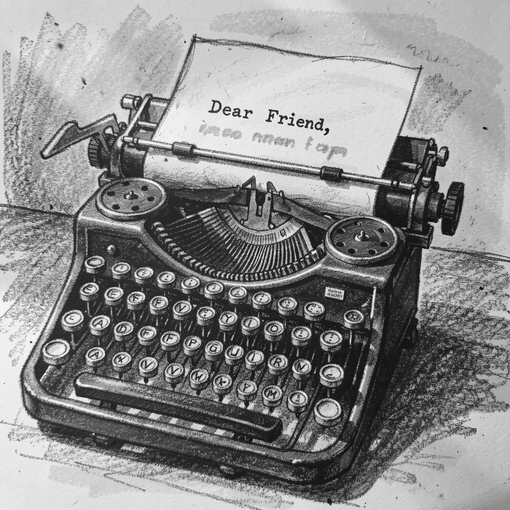A vintage typewriter with a half-finished letter, as golden afternoon sun spills across the scene.