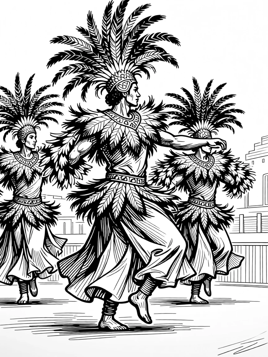 A colorful traditional dance troupe performing in elaborate feathered costumes.