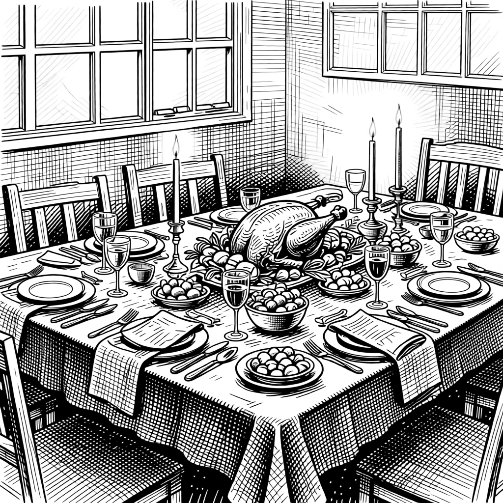 A table set for a festive holiday feast with soft candlelight flickering nearby, with warm light spilling from every window, capturing a full of holiday spirit seasonal moment.