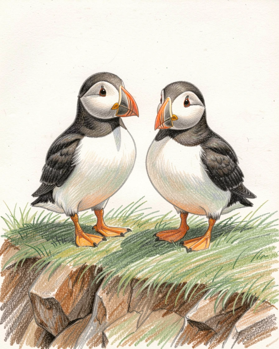 A pair of puffins standing side by side on a grassy cliff, with a gentle play of light and shadow across the composition, full of charm, emotion, and visual delight.