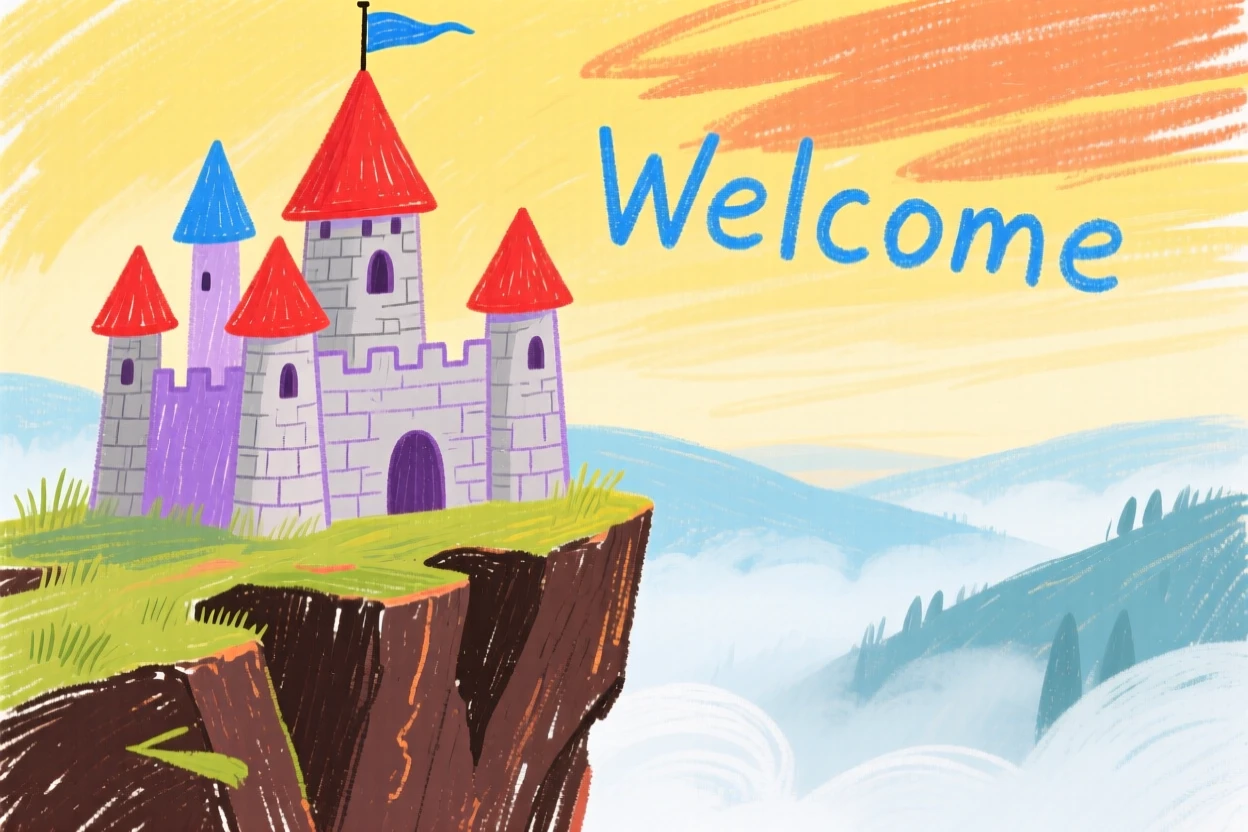 A fairytale castle perched on a cliff above a misty valley.