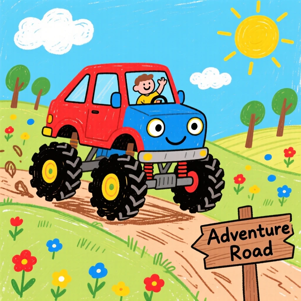 A rugged monster truck driving through a sunny countryside.