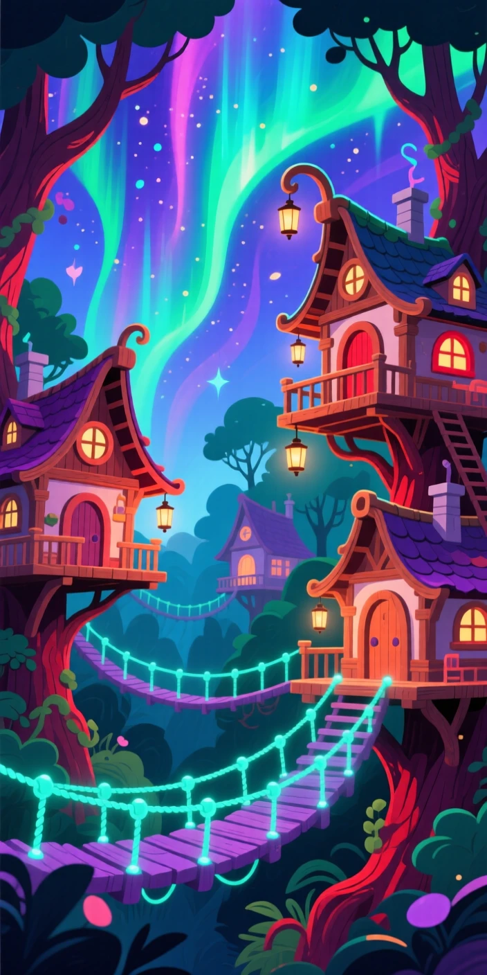 A magical treehouse village connected by glowing rope bridges, set against a backdrop of glowing aurora colors, composed with a fairy-tale storybook quality, with rich jewel tones that evoke wonder and imagination.