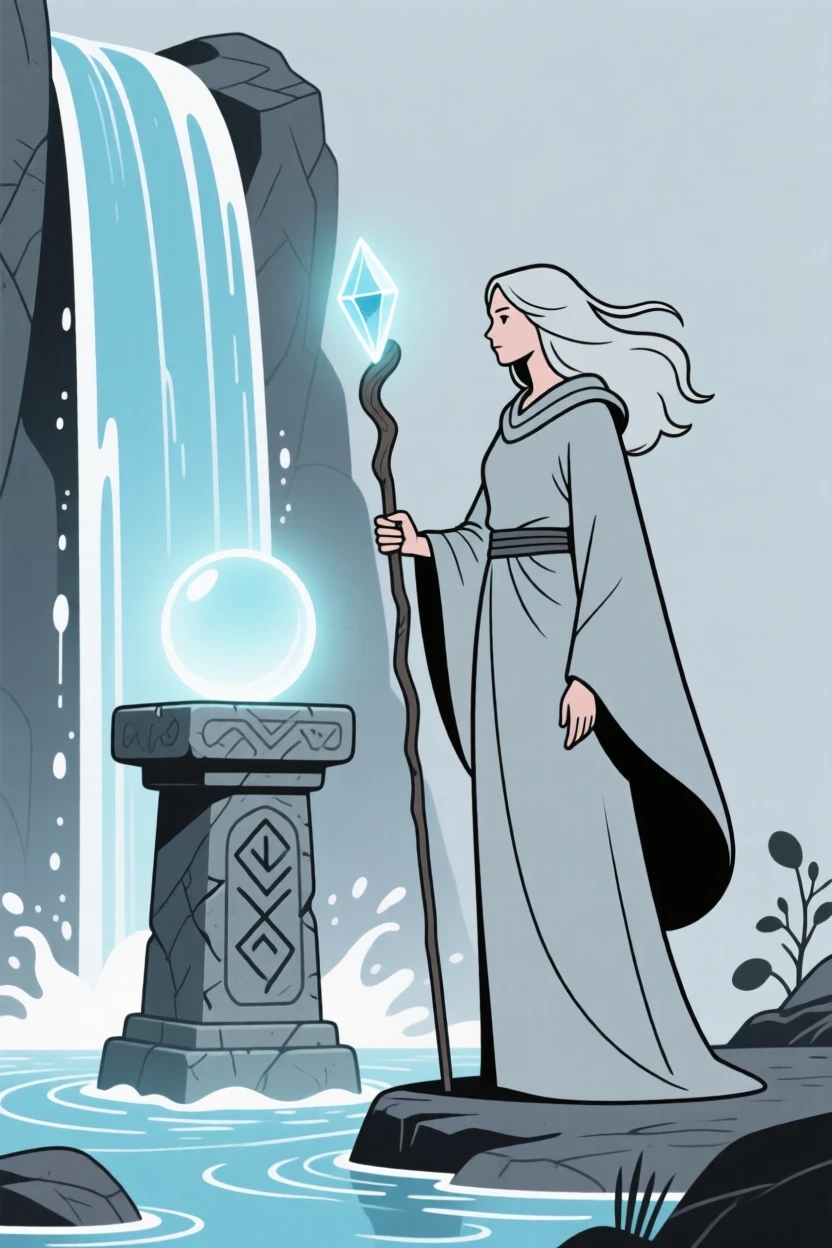 A wandering sorceress guarding an ancient relic near an enchanted waterfall.