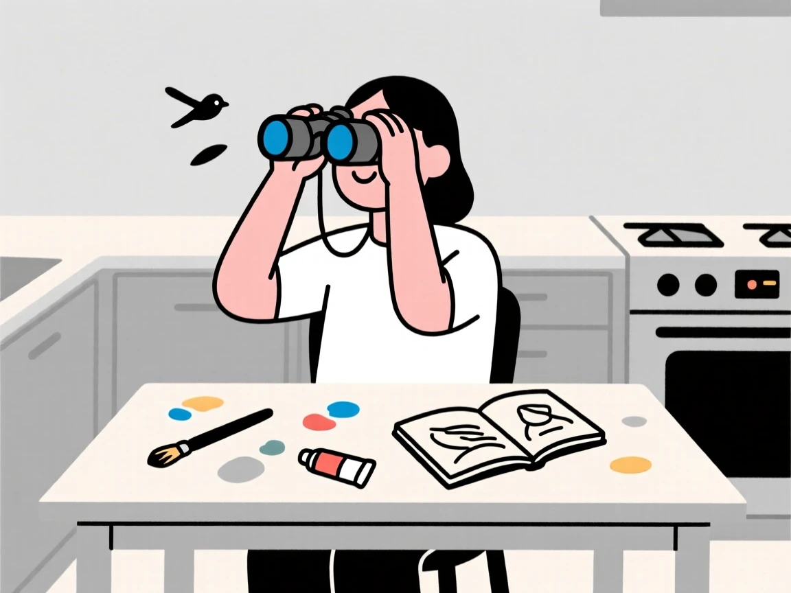 A person birdwatching with binoculars in a kitchen table, surrounded by scattered art supplies, showing joyful discovery.