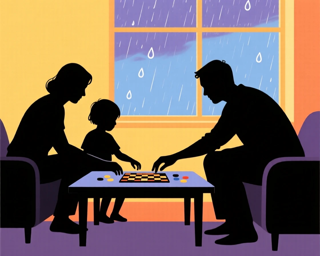 A family playing a board game together around a coffee table on a rainy afternoon.