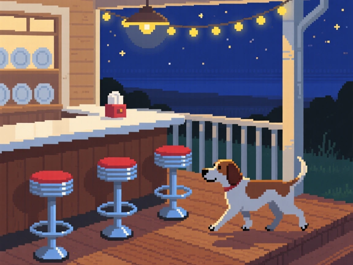 A diner counter with spinning stools with an old dog trotting along beside them, on a porch during a warm summer night.