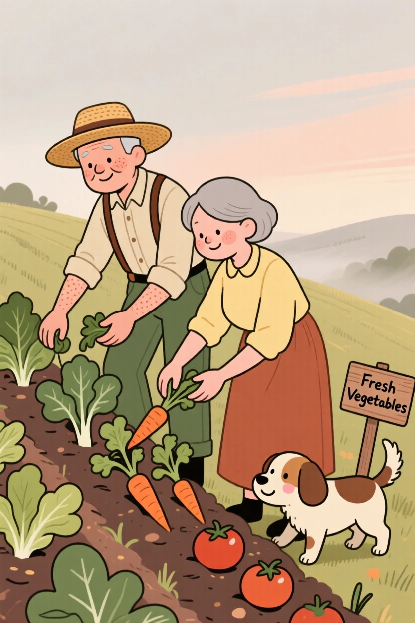 A elderly couple tends rows of fresh vegetables on a hillside field as a lazy farm dog wander nearby and the morning mist begins to lift.